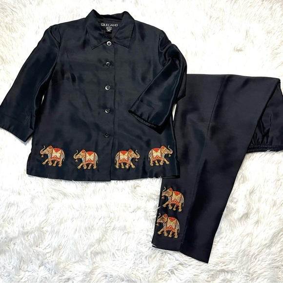 SILKLAND 100% Silk Black Button Up Top/Jacket Pant Suit Embroidered Elephants - Picture 1 of 15